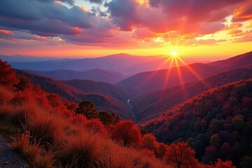 Fiery autumn sunset paints Blue Ridge Parkway, Brevard, NC mountains , serene, golden hour, landscape