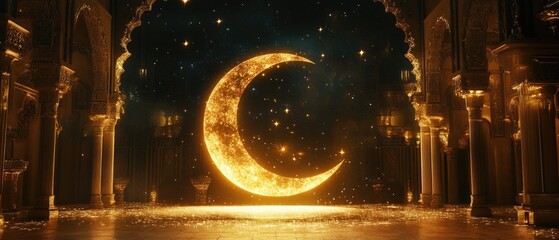 Golden crescent moon in grand hall.