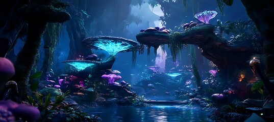 A neon-lit biosphere where AI-controlled holographic vines form digital bridges 