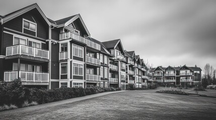 Modern Apartments, Cloudy Day, Green Lawn, Residential Complex, Real Estate