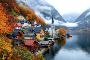 Idyllic Hallstatt Village Scenery with Church, Lake and Autumn Foliage in Austria