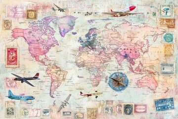 Vintage world map with antique airplanes and stamps