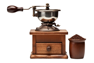 Vintage Coffee Grinder: a still life shot showcasing a classic vintage coffee grinder on a wooden stand, with a container of roasted coffee beans adding an element of rustic charm.