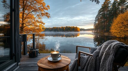 Lakeside cabin view with coffee on an autumn morning