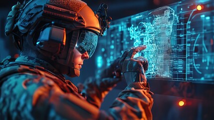 A modern soldier using augmented reality to analyze battlefield maps, high-tech UI