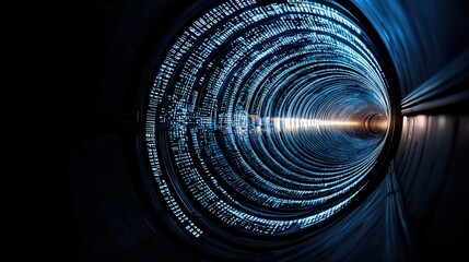 Futuristic tunnel visualization with streams of binary code creating a sense of digital depth and mystery