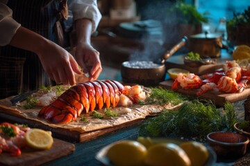 The chef arranges a freshly cooked lobster on a wooden board, ready for the gourmet dish.