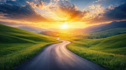 Serene winding road through green hills at sunset