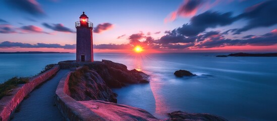 Lighthouse Guiding at Sunset with Ocean Views and Colorful Sky