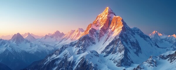 Spectacular sunset panorama of snow-capped Himalayan mountains. Majestic peaks reflect sun colors. High altitude landscape. Nature scenery. Travel, tourism destinations, adventure, exploration.