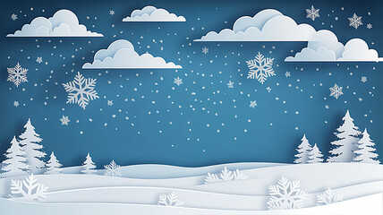Paper cut clouds with snowflakes on blue sky background. Snowy winter holiday banner for Christmas and New Year Design.paper art