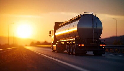 Petrol cargo truck lorry tanker driving on highway hauling oil products.