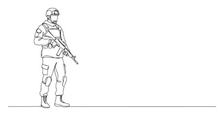 Armed soldier standing guard with rifle, continuous line art