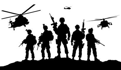 USA military army soldiers with weapon at war. Army soldier or veteran in attack with helicopter. American independence or memorial day vector silhouette background with pride, honor and security icon