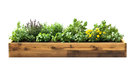 Lush wooden raised garden bed filled with various greenery and flowers