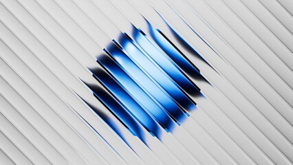 Ribbed glass effect. 3d rendered design featuring a sphere shape with blue and black gradient, set behind a white matt blinds