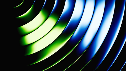 3d rendering. Abstract geometric background. Polished chrome texture with blue green gradient. Ribbed glass illuminated with neon light
