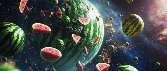 Watermelon planet in space with pieces floating around.