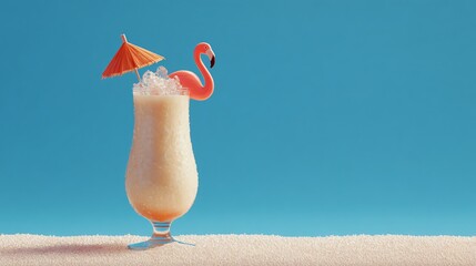 Minimal beach drink scene, Pina Colada with ice, stylized flamingo stirrer, sky blue backdrop