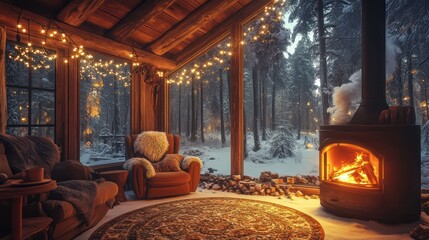 Cozy cabin winter forest fire relaxation holidays