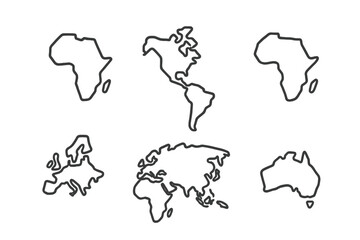 Vector icons representing different continents and regions of the world in a minimalist outline style suitable for various design projects