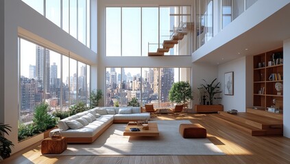 Spacious, modern penthouse living room with city views.