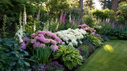 Vibrant flowerbed with hydrangeas, foxgloves, and other perennials. A beautiful garden display