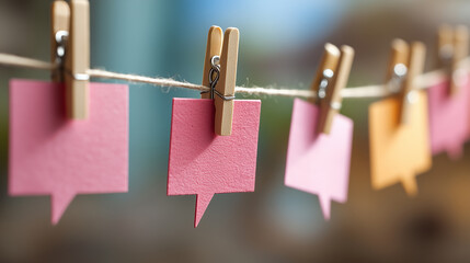 Colorful speech bubbles hanging on a line with wooden clothespins in a bright indoor setting, showcasing creative communication concepts