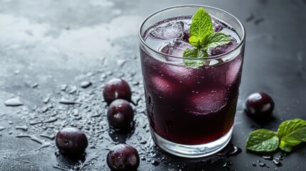 A glass of fresh jabuticaba juice with ice cubes and a mint garnish