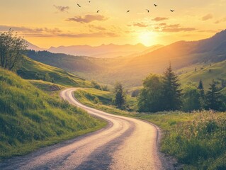 Winding road through green hills at sunset, birds flying, scenic view, idyllic landscape, golden hour light, mountain range