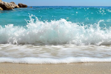 Azure waves crash on sandy shore