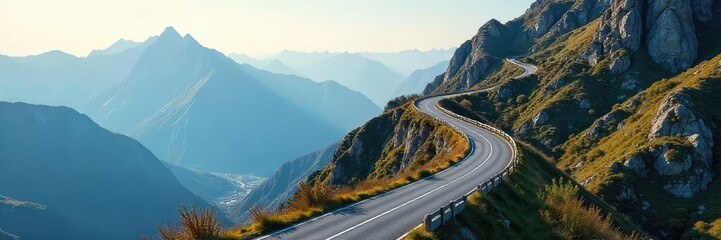 A winding road ascending a mountain, symbolizing the upward trajectory of a career journey, with milestones and challenges along the way , future, road