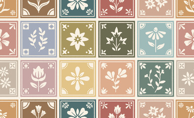 Floral tiles seamless vector pattern. Elegant folk style hand drawn spring tiles illustration. Cottage core, garden, earth tone for invitations, baby showers, weddings, birthdays, tea parties. 