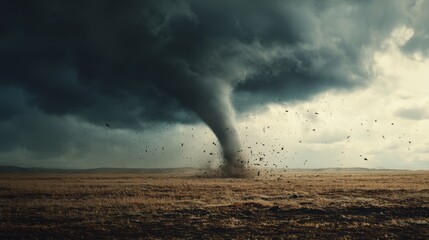 Powerful tornado over an open landscape.