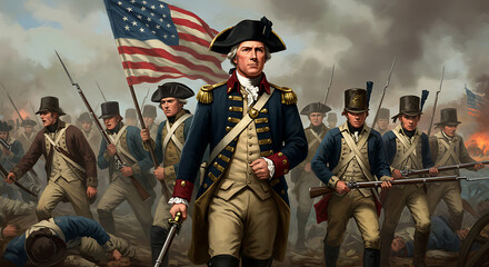 Revolutionary War General Leading Troops Amidst Battle