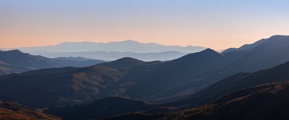 Panoramic view of high lands and mountains in Utah under twilight Mt Nebo overlook view in the autumn time.