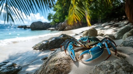 Blue crab crawling near rocks on tropical shore, vivid shell color and clear background for coastal photography