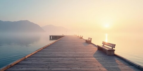 Serene Sunrise Over Calm Water A Misty Morning on a Wooden Pier with Benches