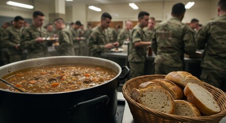 Delicious Army Stew and Bread in Mess Hall - Hearty army stew, freshly baked bread, soldiers enjoying a meal, camaraderie, military life