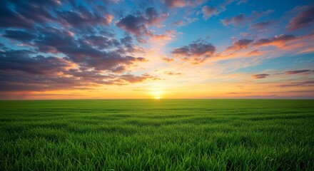 Serene Sunset Over Green Field - Peaceful sunset over a vast expanse of green field, showcasing vibrant colors in the sky and lush vegetation