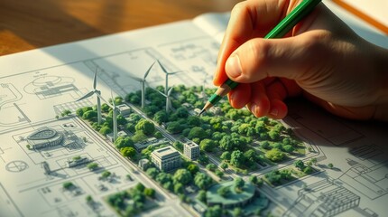 Designing a sustainable community with wind turbines and green spaces in a detailed architectural plan.