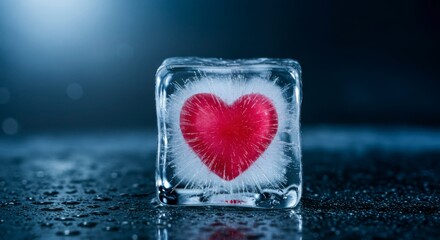 Red heart in ice cube