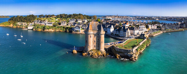 France , Brittany travel and landmarks. aerial view of Solidor tower and medieval city of Saint Malo. Popular tourist destination and attraction.