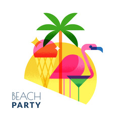Beach cocktails bar label, logo design. Vector illustration. Ice-cream, palm, flamingo, cocktail on circle background