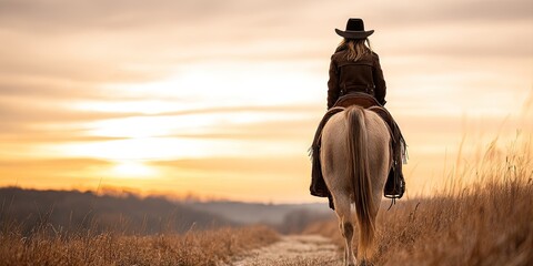 cowgirl on horse riding into the sunset 