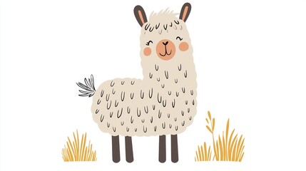 Cute llama illustration, meadow background, kids' book