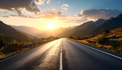 Winding mountain road at sunset with dramatic sky and peaks