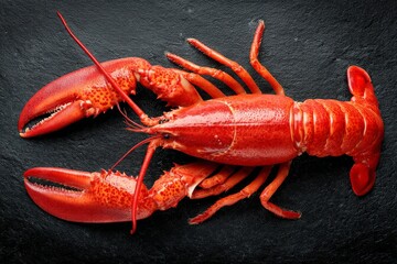 Bright red lobster resting on a dark stone surface, showcasing its texture and features captured in afternoon light