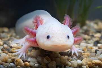 Close-up of an Axolotl in Underwater Habitat, Showcasing Unique Features and Pink Frills in a Natural Setting Among Gravel and Plants