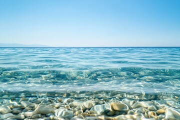 Crystal clear waters of the Aegean Sea along the serene coast on a sunny day, Aegean sea coast cristal sea water background and clear
